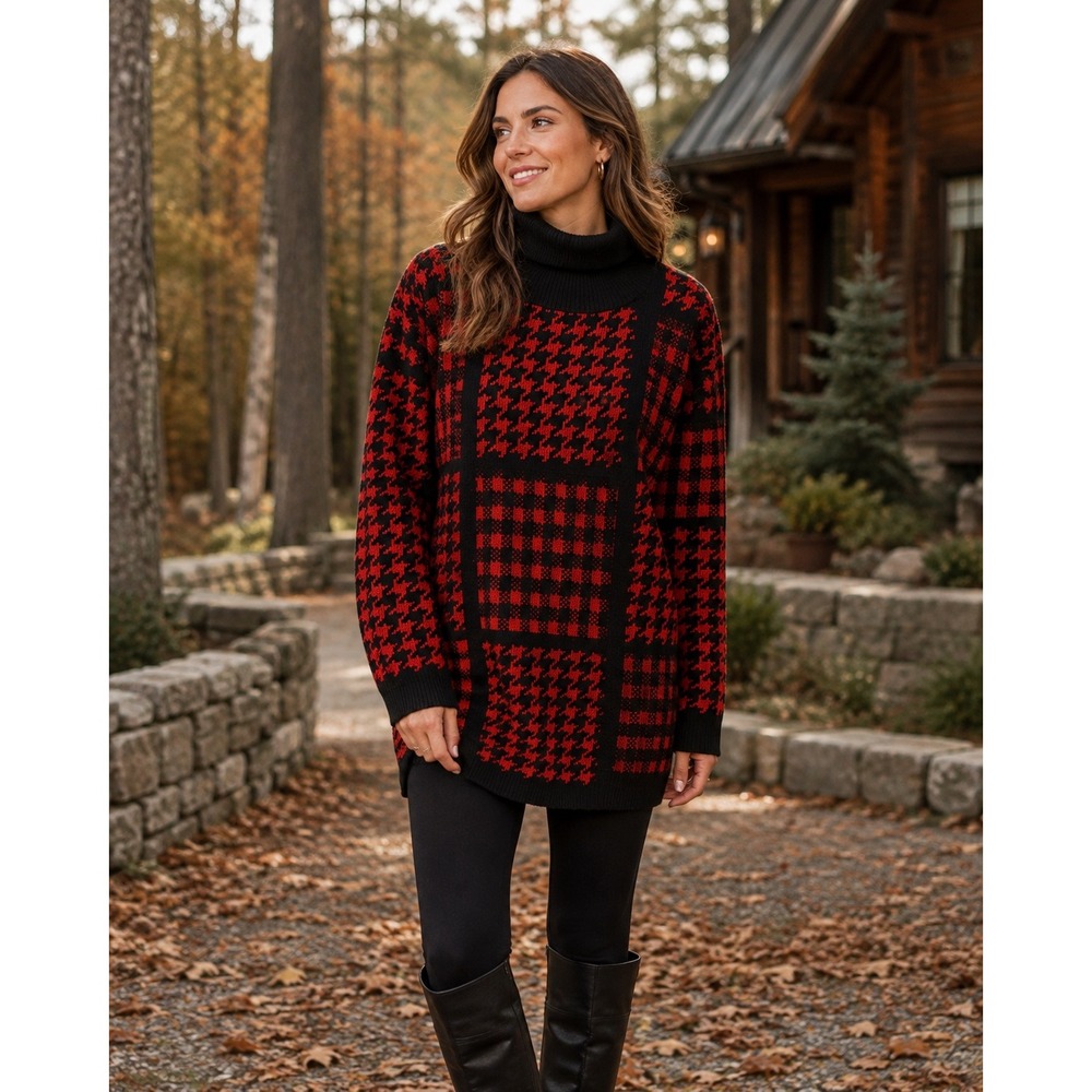 J.R. Rappers Vintage Red Black Houndstooth Patchwork Turtleneck Sweater XL USA